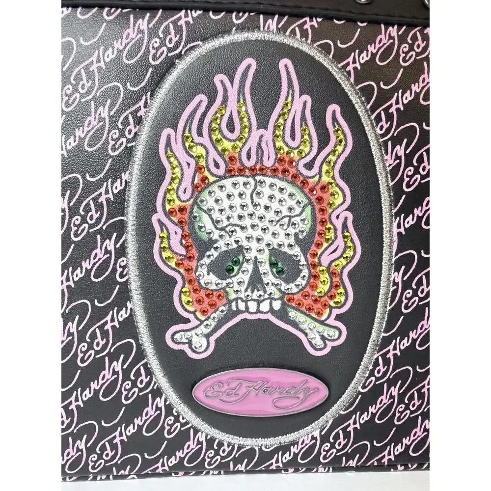 Ed Hardy Shoulder Bag Black Pink Skull Flames Tattoo & Rhinestons0